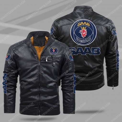 The saab automobile all over print fleece leather jacket - black 1