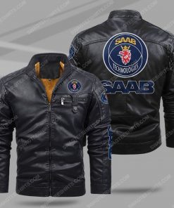 The saab automobile all over print fleece leather jacket - black 1 - Copy