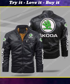 The skoda car all over print fleece leather jacket
