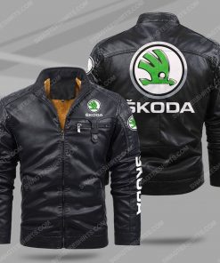 The skoda car all over print fleece leather jacket - black 1
