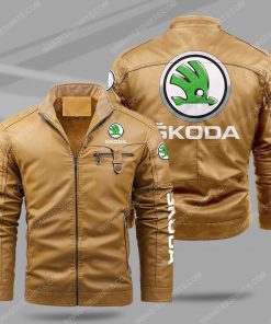 The skoda car all over print fleece leather jacket - cream 1 - Copy