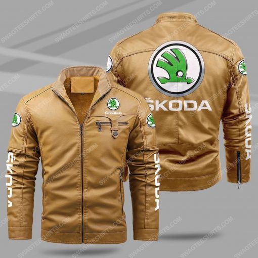 The skoda car all over print fleece leather jacket - cream 1 - Copy