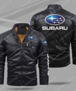 The subaru car all over print fleece leather jacket - black 1
