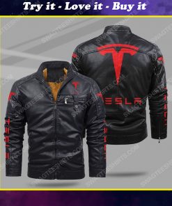 The tesla motorcycle all over print fleece leather jacket