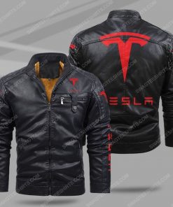 The tesla motorcycle all over print fleece leather jacket - black 1
