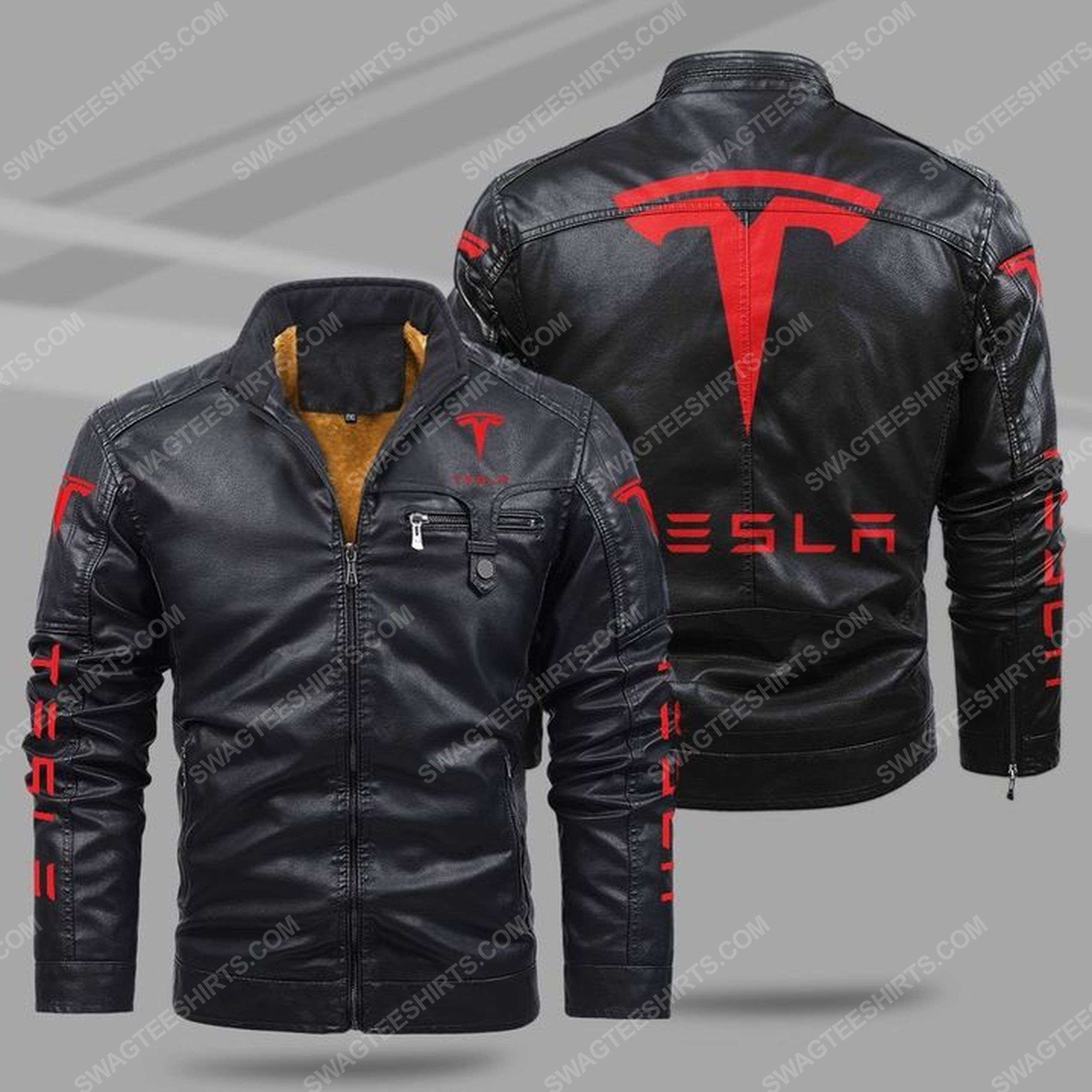 The tesla motorcycle all over print fleece leather jacket - black 1 - Copy