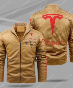 The tesla motorcycle all over print fleece leather jacket - cream 1