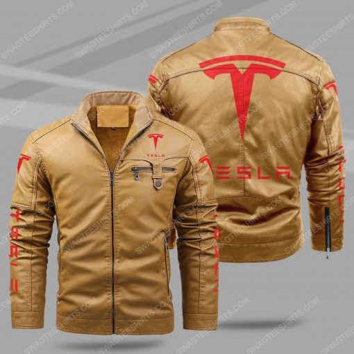 The tesla motorcycle all over print fleece leather jacket - cream 1 - Copy