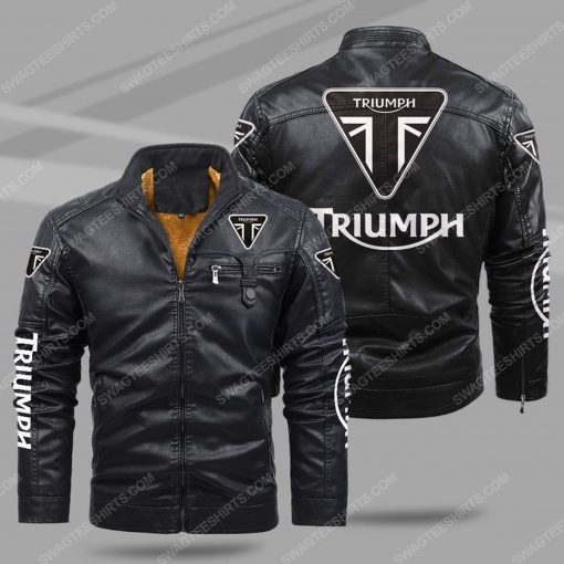 The triumph motorcycle all over print fleece leather jacket - black 1