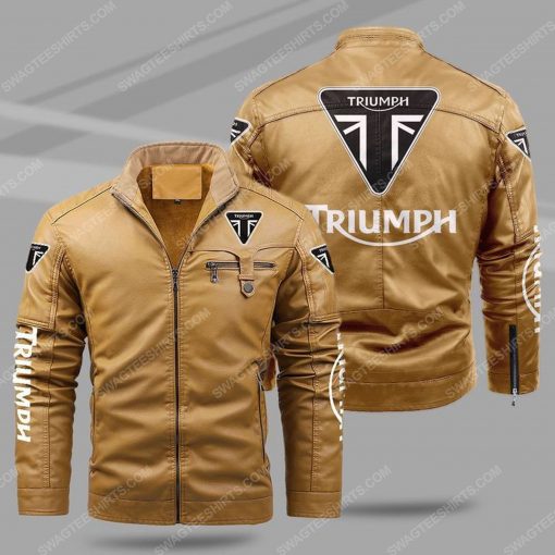 The triumph motorcycle all over print fleece leather jacket - cream 1