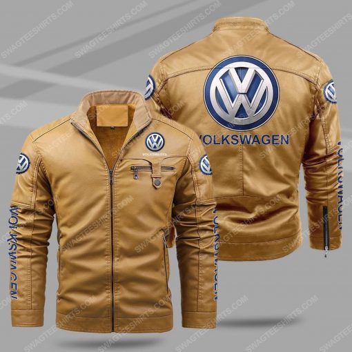 The volkswagen car all over print fleece leather jacket - cream 1
