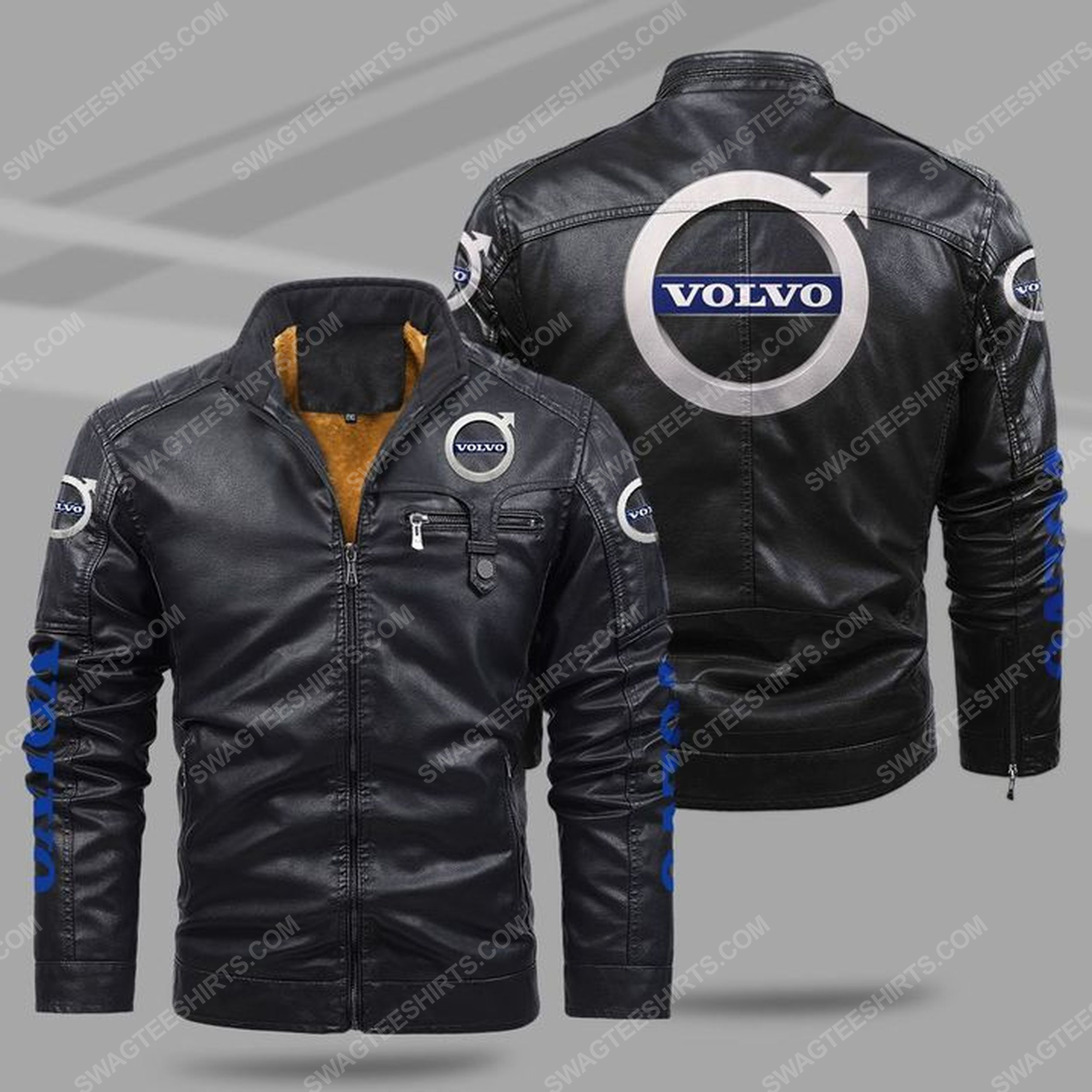 The volvo car all over print fleece leather jacket - black 1 - Copy