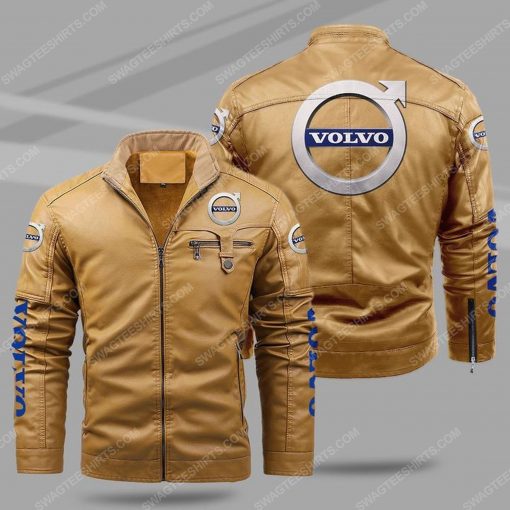 The volvo car all over print fleece leather jacket - cream 1 - Copy