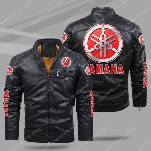 The yamaha motorcycle all over print fleece leather jacket - black 1
