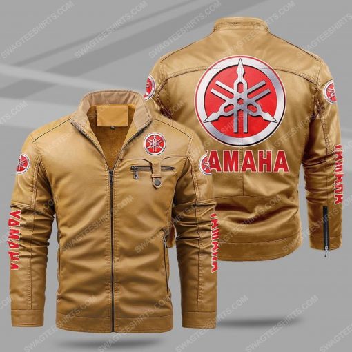 The yamaha motorcycle all over print fleece leather jacket - cream 1