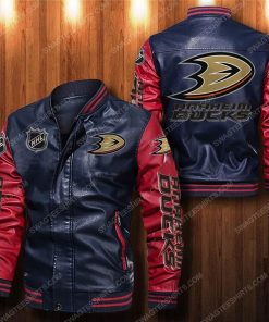 Anaheim ducks all over print leather bomber jacket - red