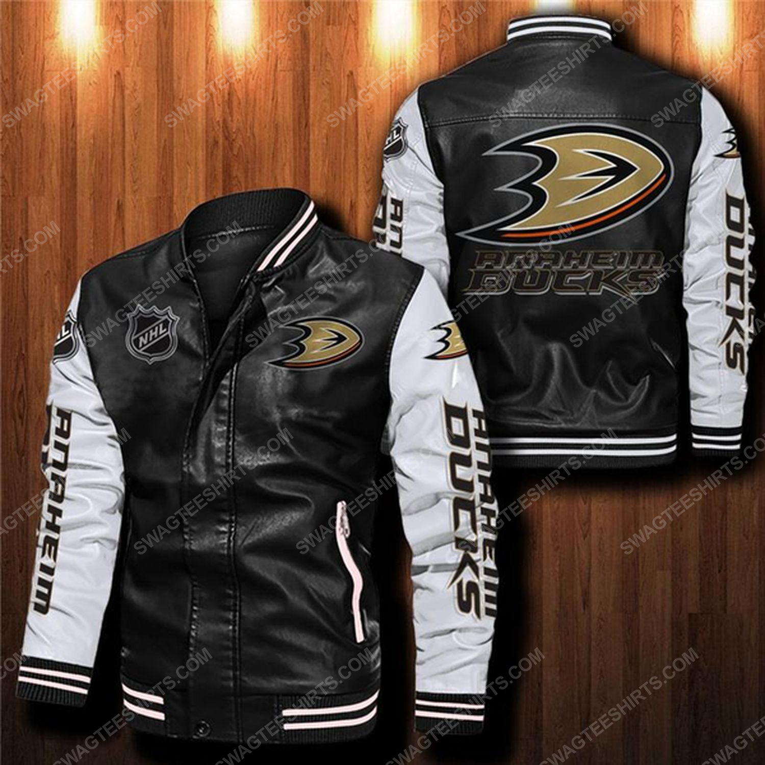 Anaheim ducks all over print leather bomber jacket - white