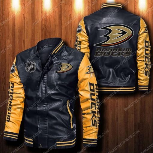 Anaheim ducks all over print leather bomber jacket - yellow
