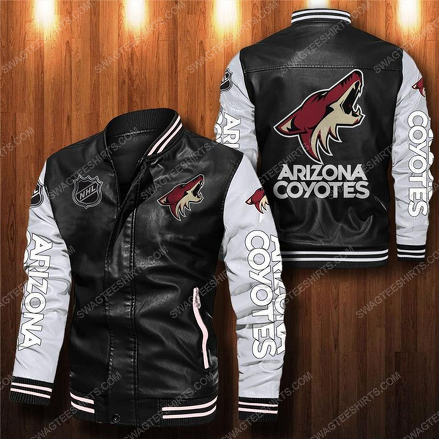 Arizona coyotes all over print leather bomber jacket - white
