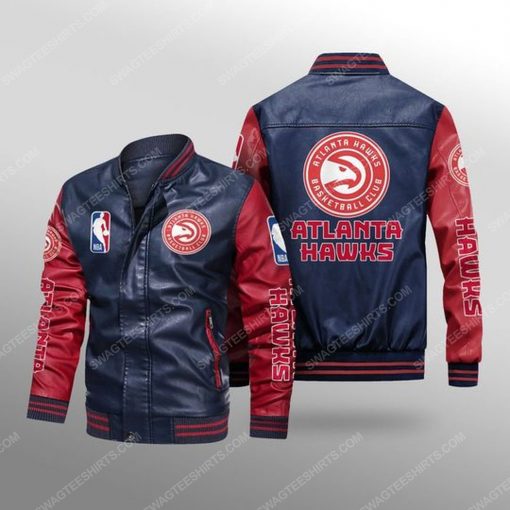 Atlanta hawks all over print leather bomber jacket - red