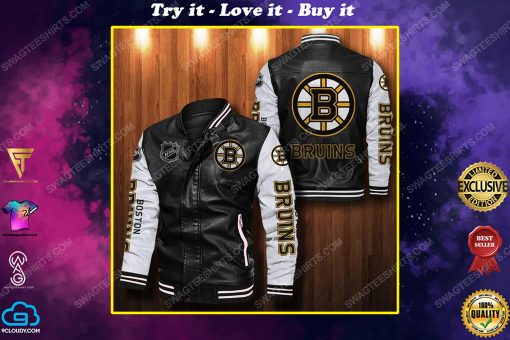 Boston bruins all over print leather bomber jacket
