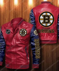Boston bruins all over print leather bomber jacket - black