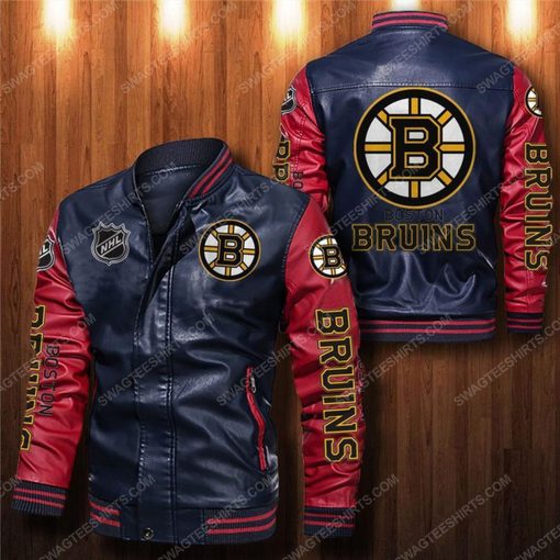 Boston bruins all over print leather bomber jacket - red