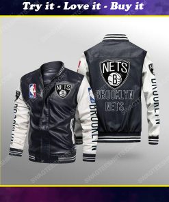 Brooklyn nets all over print leather bomber jacket