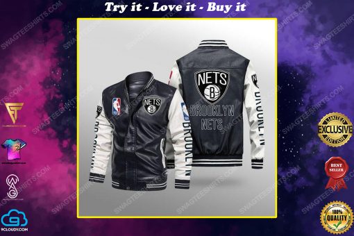 Brooklyn nets all over print leather bomber jacket