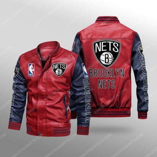 Brooklyn nets all over print leather bomber jacket - black