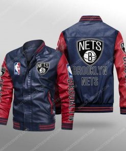 Brooklyn nets all over print leather bomber jacket - red