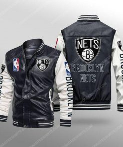 Brooklyn nets all over print leather bomber jacket - white