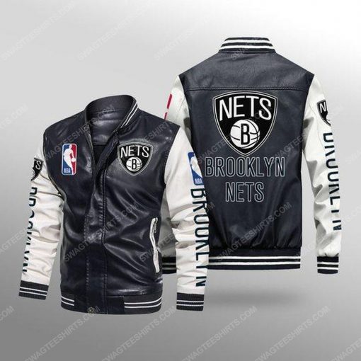 Brooklyn nets all over print leather bomber jacket - white