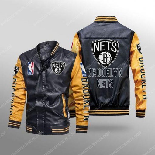 Brooklyn nets all over print leather bomber jacket - yellow