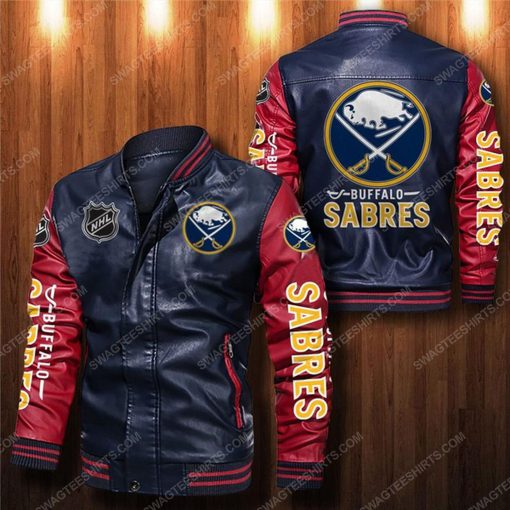 Buffalo sabres all over print leather bomber jacket - red