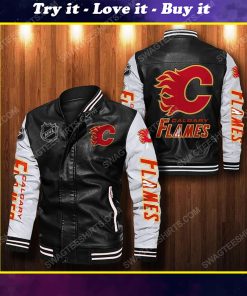 Calgary flames all over print leather bomber jacket