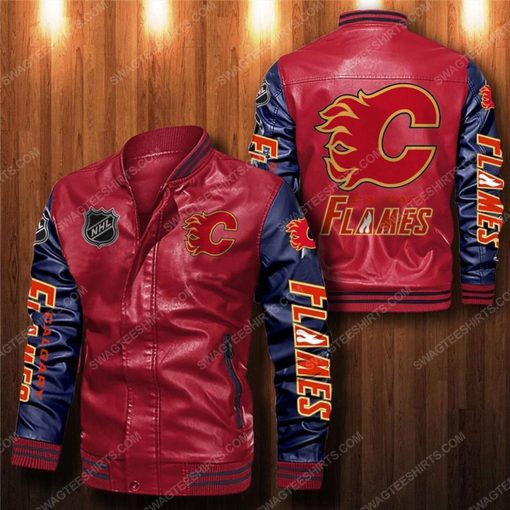 Calgary flames all over print leather bomber jacket - black