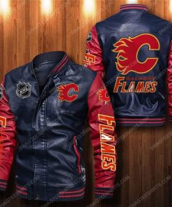 Calgary flames all over print leather bomber jacket - red