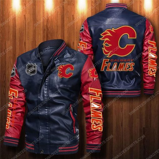 Calgary flames all over print leather bomber jacket - red