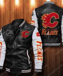 Calgary flames all over print leather bomber jacket - white