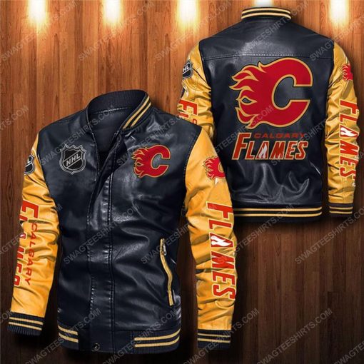 Calgary flames all over print leather bomber jacket - yellow