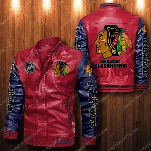 Chicago blackhawks all over print leather bomber jacket - black