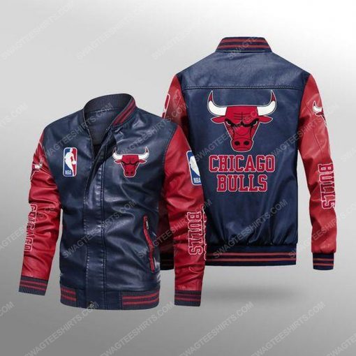 Chicago bulls all over print leather bomber jacket - red