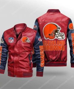 Cleveland browns all over print leather bomber jacket - black