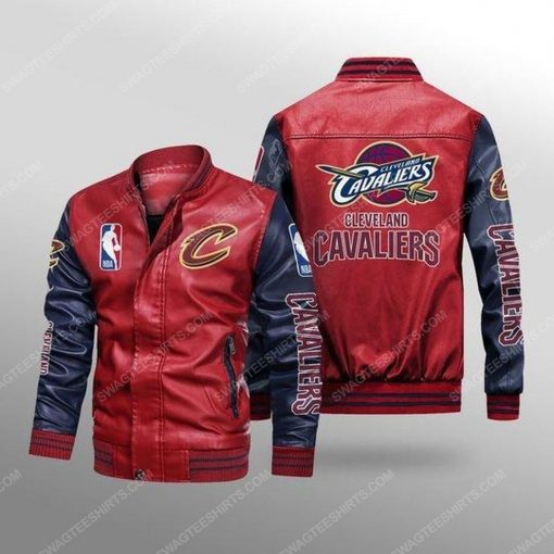 Cleveland cavaliers all over print leather bomber jacket - black