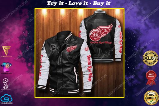Detroit red wings all over print leather bomber jacket