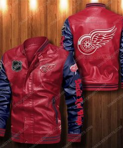 Detroit red wings all over print leather bomber jacket - black