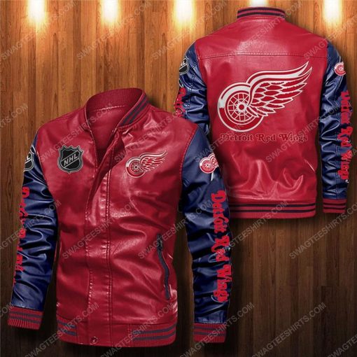 Detroit red wings all over print leather bomber jacket - black