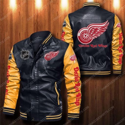 Detroit red wings all over print leather bomber jacket - yellow