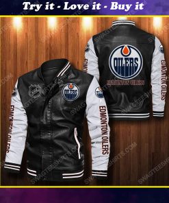 Edmonton oilers all over print leather bomber jacket